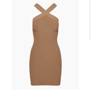 Aritzia babaton sculpt knit criss cross dress ribbed bodycon sexy date caramel L